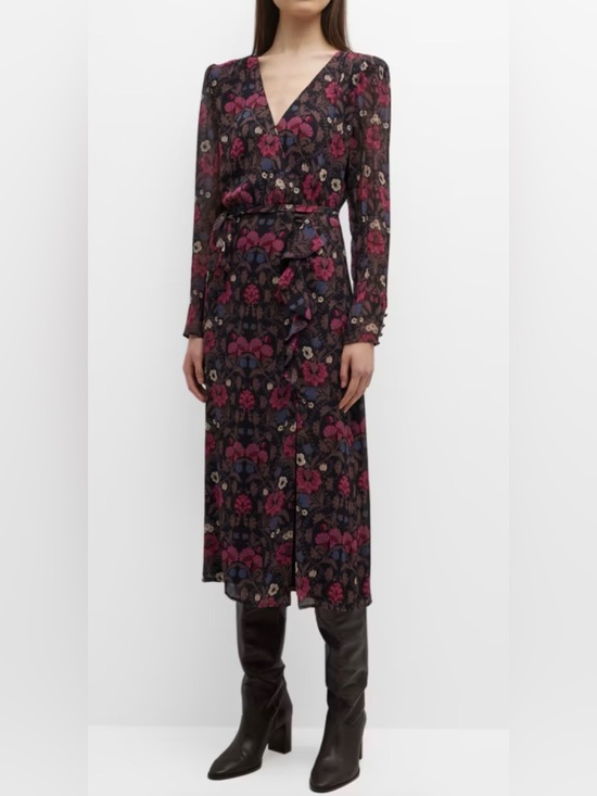 PAIGE Dresses & Skirts - PAIGE Ledara Black Silk Dark Floral Long Sleeved Wrap Midi Dress